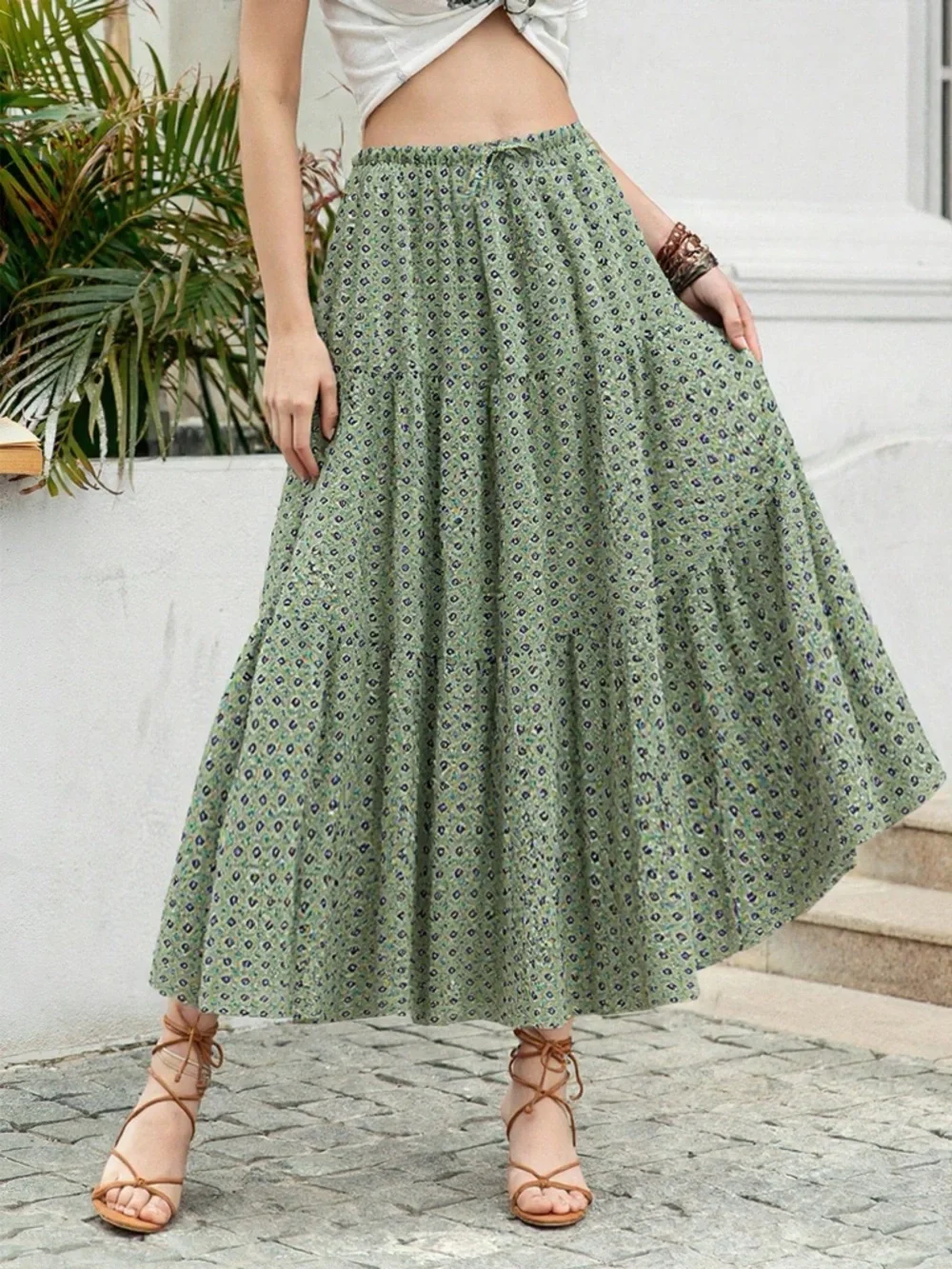 ❤️Hello Gorgeous! Boho Print Tiered Maxi Skirt- Matcha Green